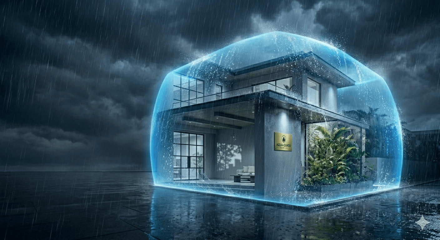 Rain-protected modern home with waterproofing shield
